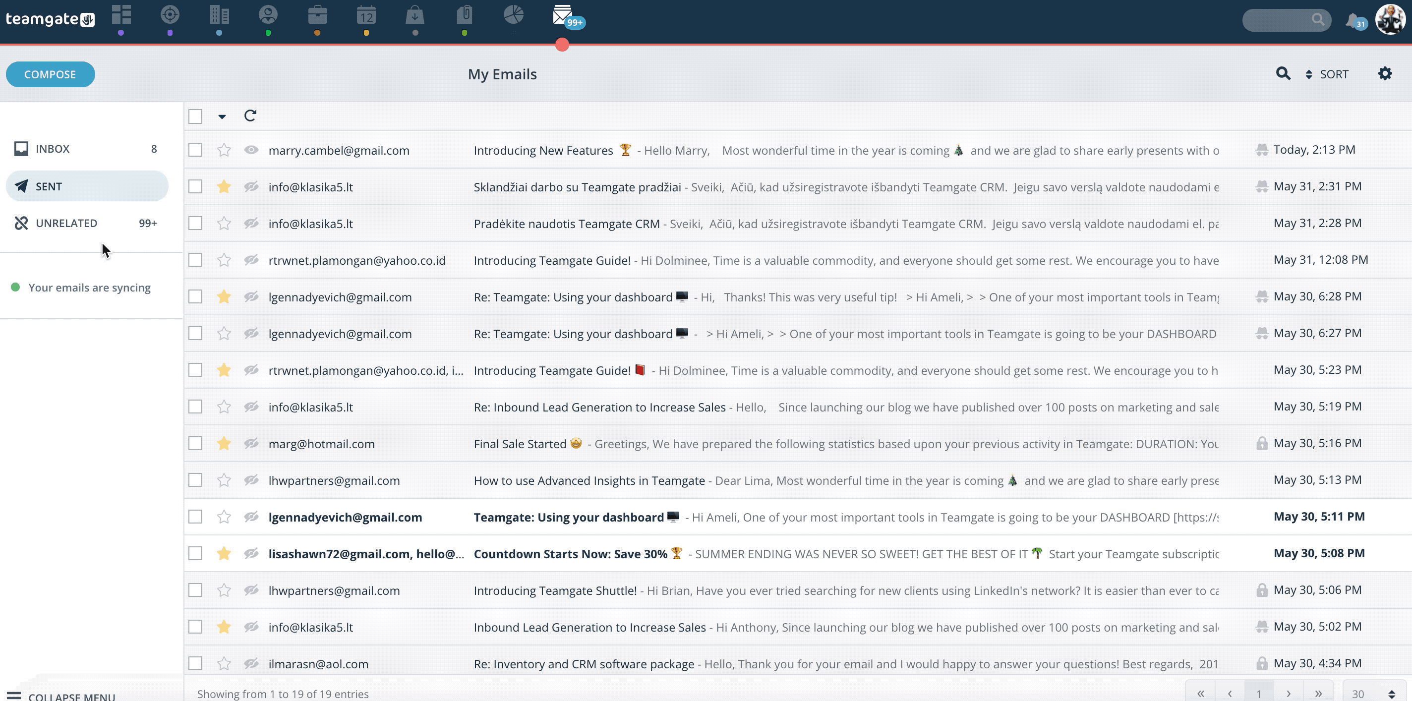 Sales inbox email integration list view Teamgate CRM